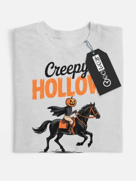 grey flatlay front – retro Halloween pumpkin head rider t-shirt