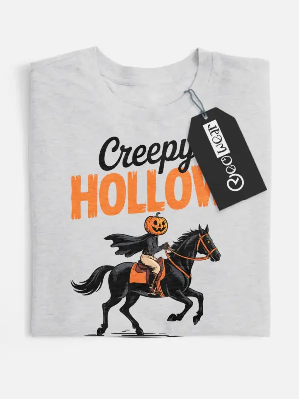 grey flatlay front – retro Halloween pumpkin head rider t-shirt
