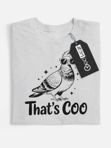 grey flatlay front view – That’s Coo pigeon design – funny pigeon t-shirt