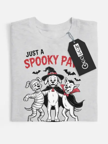 grey flatlay front view – Just a Spooky Paw design spooky dog Halloween t-shirt