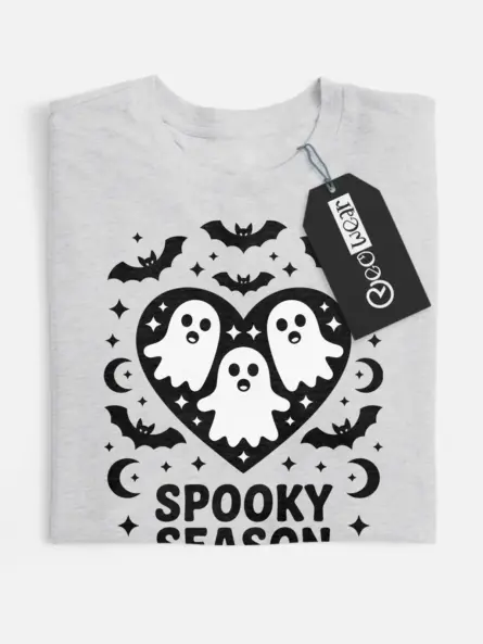 grey flatlay shirt front view – ghost heart Halloween design – spooky season ghost shirt
