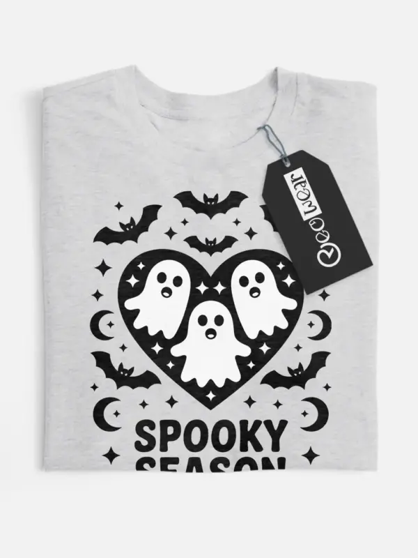 grey flatlay shirt front view – ghost heart Halloween design – spooky season ghost shirt
