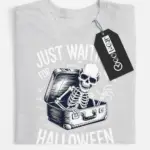 close-up – vintage horror sketch on grey flatlay spooky skeleton waiting for Halloween t-shirt