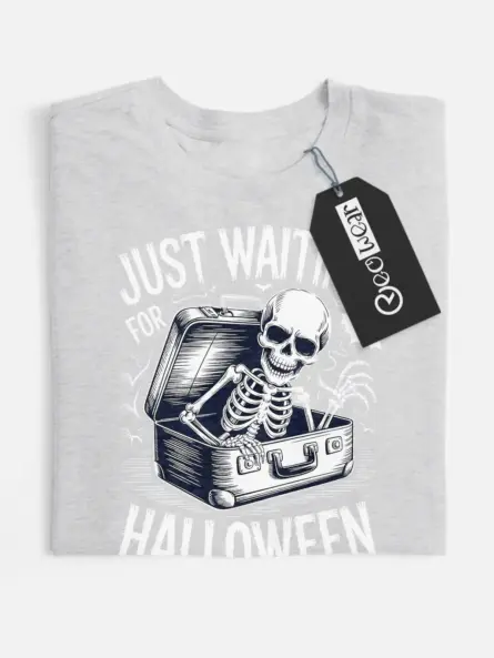 close-up – vintage horror sketch on grey flatlay spooky skeleton waiting for Halloween t-shirt