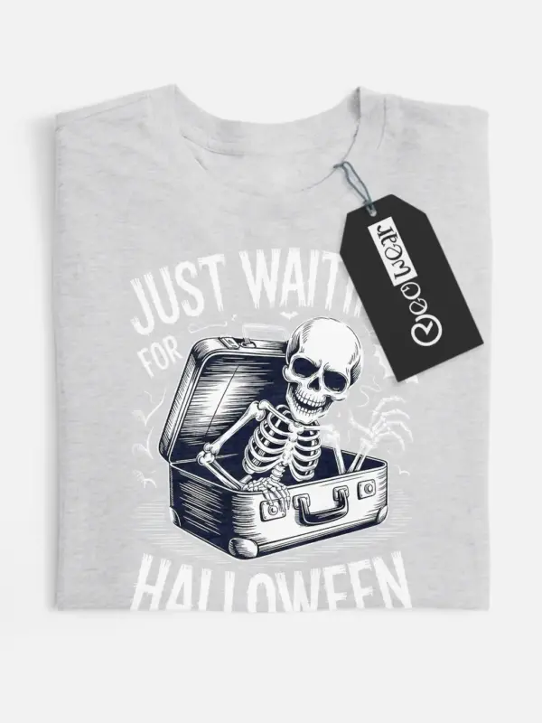 close-up – vintage horror sketch on grey flatlay spooky skeleton waiting for Halloween t-shirt