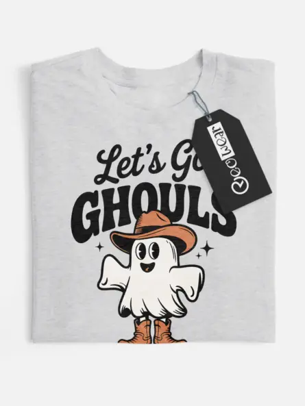 grey flatlay front view – Let’s Go Ghouls western ghost Halloween t-shirt design