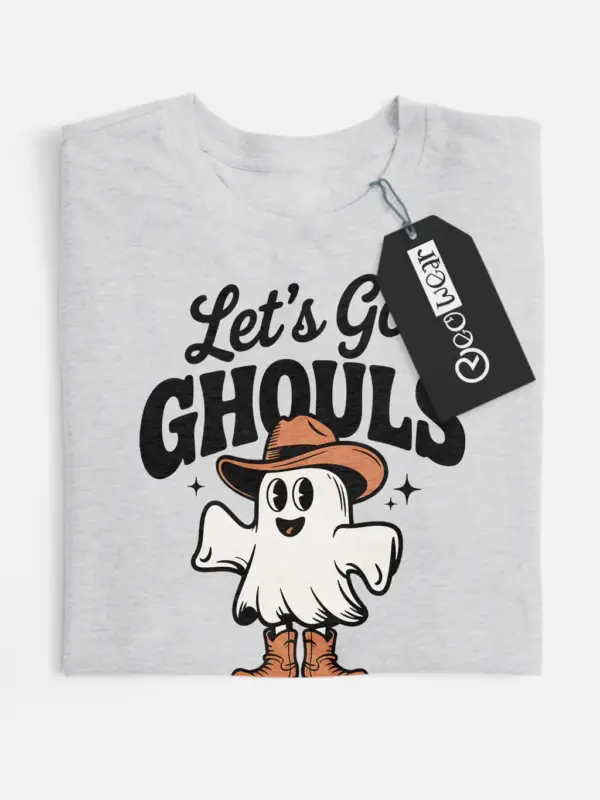 grey flatlay front view – Let’s Go Ghouls western ghost Halloween t-shirt design