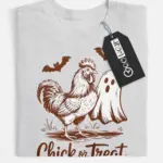 grey flatlay front – Chick or Treat chicken ghost Halloween shirt design