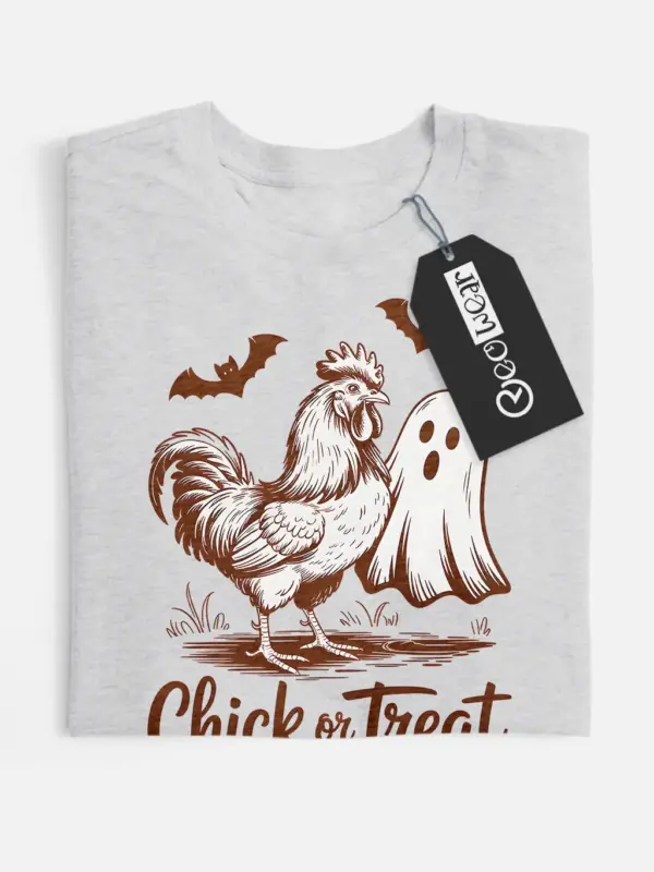grey flatlay front – Chick or Treat chicken ghost Halloween shirt design