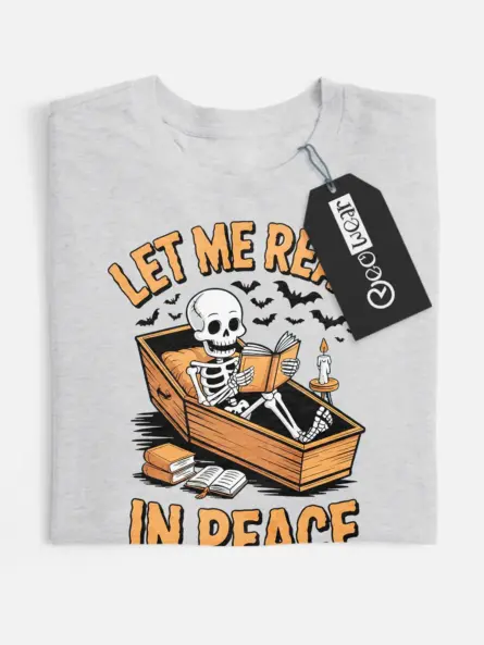 grey flatlay – coffin and book design – skeleton reading t-shirt