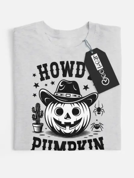 Grey close-up – bold retro lettering on cowboy pumpkin Halloween shirt grey