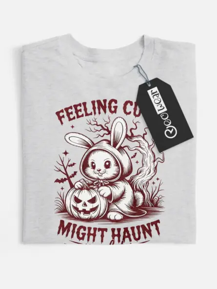 grey flatlay front – Feeling Cute Might Haunt You Later cute bunny Halloween shirt