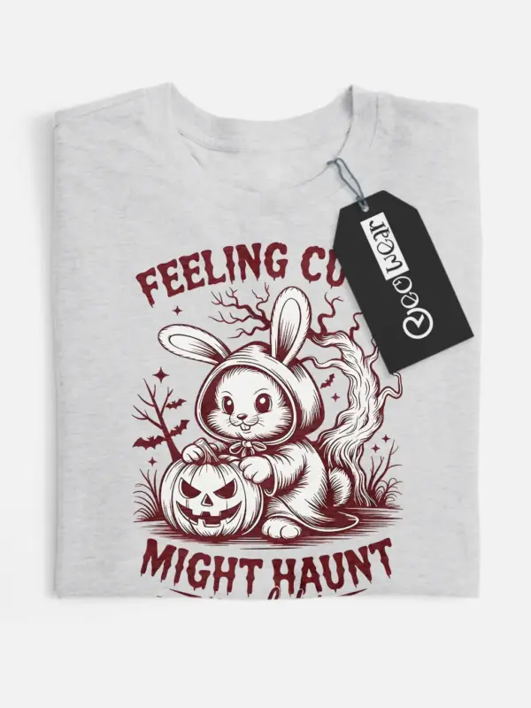 grey flatlay front – Feeling Cute Might Haunt You Later cute bunny Halloween shirt