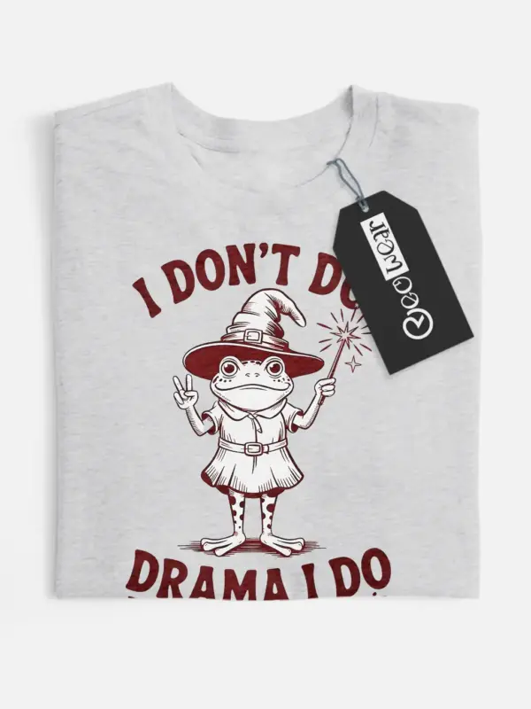 Grey front view – frog wizard t-shirt with I Don’t Do Drama text grey