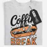 front – Coffin Break skeleton coffee Halloween shirt grey front