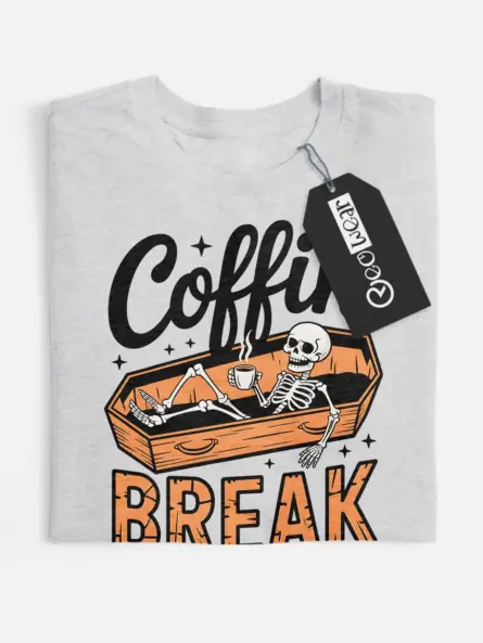 front – Coffin Break skeleton coffee Halloween shirt grey front