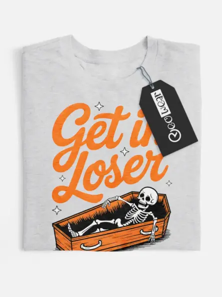 Front View grey Get in Loser Shirt – Goth Skeleton Coffin T-Shirt