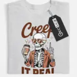 grey flatlay front view – Creep It Real design funny skeleton coffee shirt