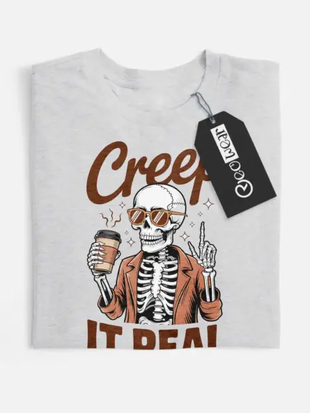 grey flatlay front view – Creep It Real design funny skeleton coffee shirt