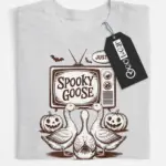 grey flatlay front view – Just a Spooky Goose design spooky goose Halloween t-shirt