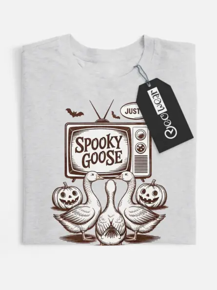 grey flatlay front view – Just a Spooky Goose design spooky goose Halloween t-shirt