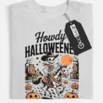 Grey front view – cowboy skeleton Halloween shirt with vintage horror vibe grey