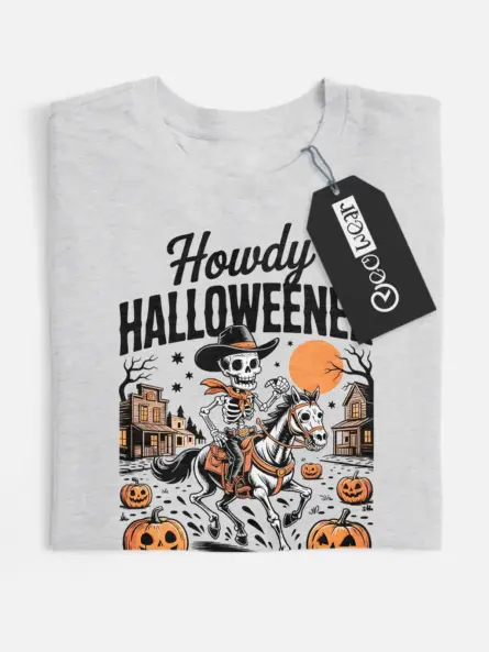Grey front view – cowboy skeleton Halloween shirt with vintage horror vibe grey
