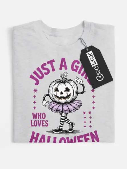 grey flatlay front – retro graphic cute pumpkin girl Halloween t-shirt