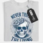 grey flatlay front view – never trust the living skull design – gothic skull floral t-shirt
