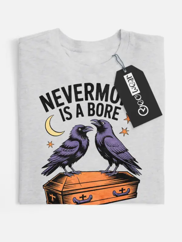 grey flatlay flat view – funny edgar allan poe shirt – gothic raven literary pun t-shirt