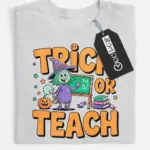 grey flatlay lifestyle photo – funny classroom halloween look trick or teach teacher halloween shirt