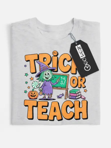grey flatlay lifestyle photo – funny classroom halloween look trick or teach teacher halloween shirt