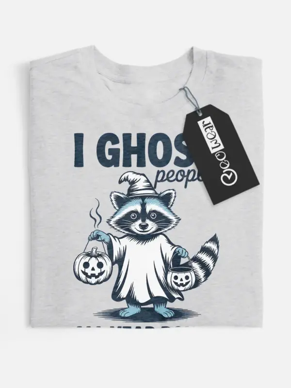 Grey front view – raccoon ghost t-shirt I Ghost People All Year Round grey