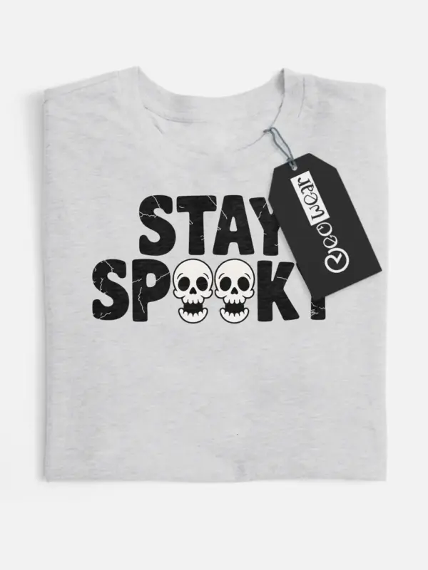 Grey front view – stay spooky t-shirt with vintage horror block letters in grey