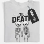 close-up – distressed text and skeleton design on grey gothic skeleton couple t-shirt