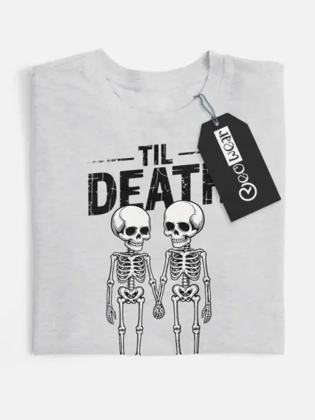 close-up – distressed text and skeleton design on grey gothic skeleton couple t-shirt