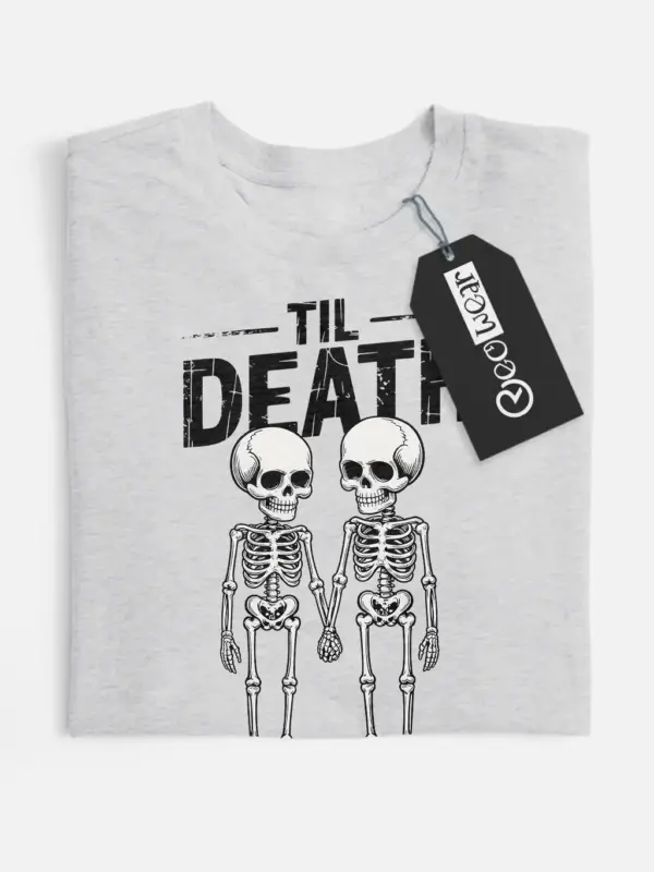 close-up – distressed text and skeleton design on grey gothic skeleton couple t-shirt