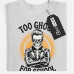 grey flatlay front – spooky school skeleton funny skeleton biker t-shirt