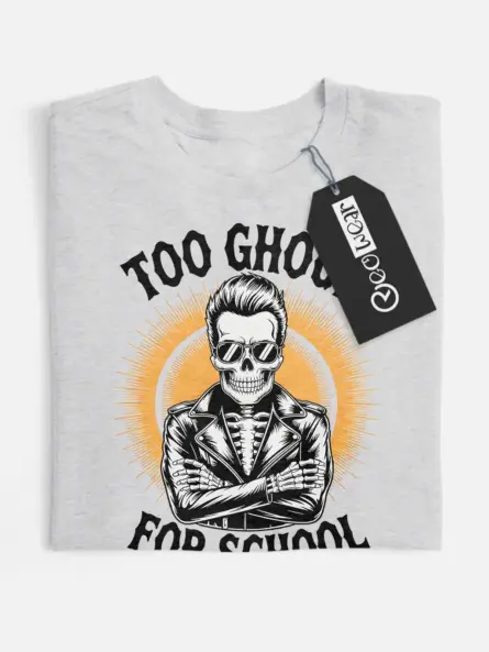 grey flatlay front – spooky school skeleton funny skeleton biker t-shirt