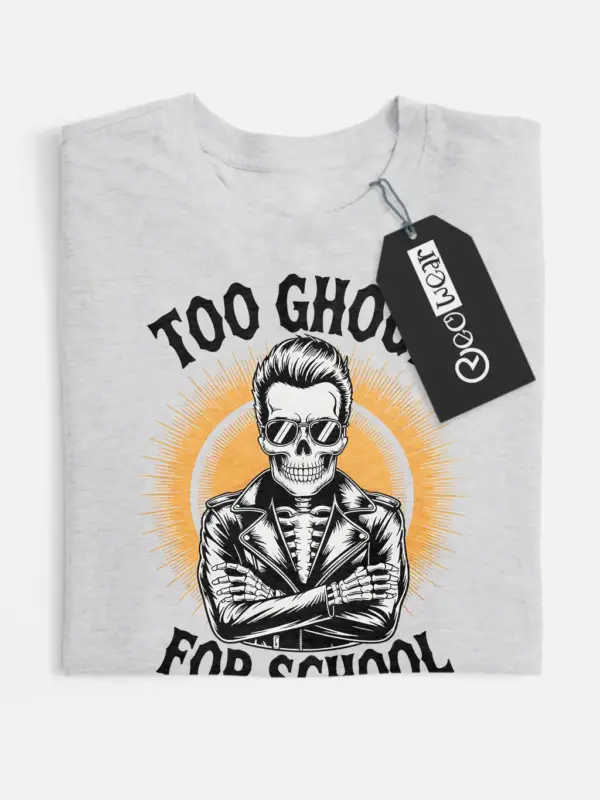 grey flatlay front – spooky school skeleton funny skeleton biker t-shirt