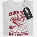 grey flatlay front – Cluck Yeah Halloween vintage chicken witch Halloween shirt