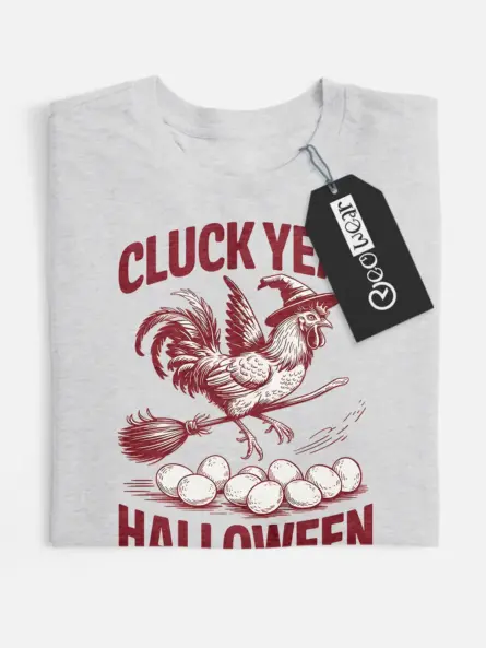grey flatlay front – Cluck Yeah Halloween vintage chicken witch Halloween shirt