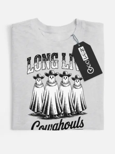 grey flatlay front view – Long Live Cowghouls print western ghost cowboy t-shirt