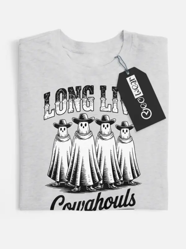 grey flatlay front view – Long Live Cowghouls print western ghost cowboy t-shirt