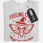 front – Feeling Cute witchcore moth skull t-shirt in grey