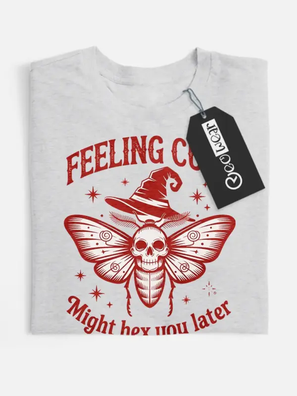 front – Feeling Cute witchcore moth skull t-shirt in grey