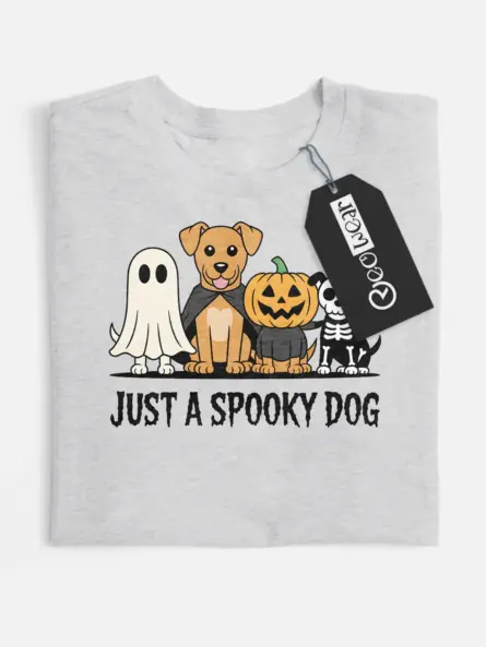 grey flatlay front view – Just a Spooky Dog Design – spooky dog halloween t-shirt