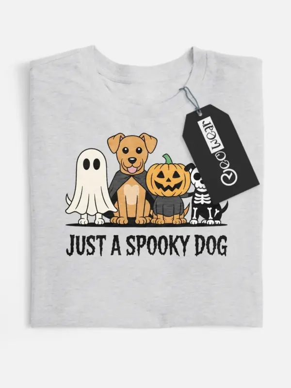 grey flatlay front view – Just a Spooky Dog Design – spooky dog halloween t-shirt