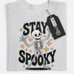 grey flatlay front view – Stay Spooky dancing skeleton Halloween t-shirt