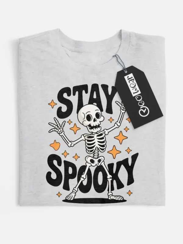 grey flatlay front view – Stay Spooky dancing skeleton Halloween t-shirt